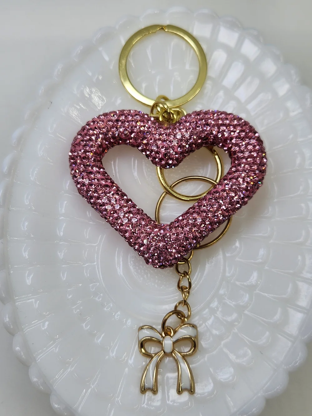 Pink Crystal Heart Keychain with Gold Bow Charm